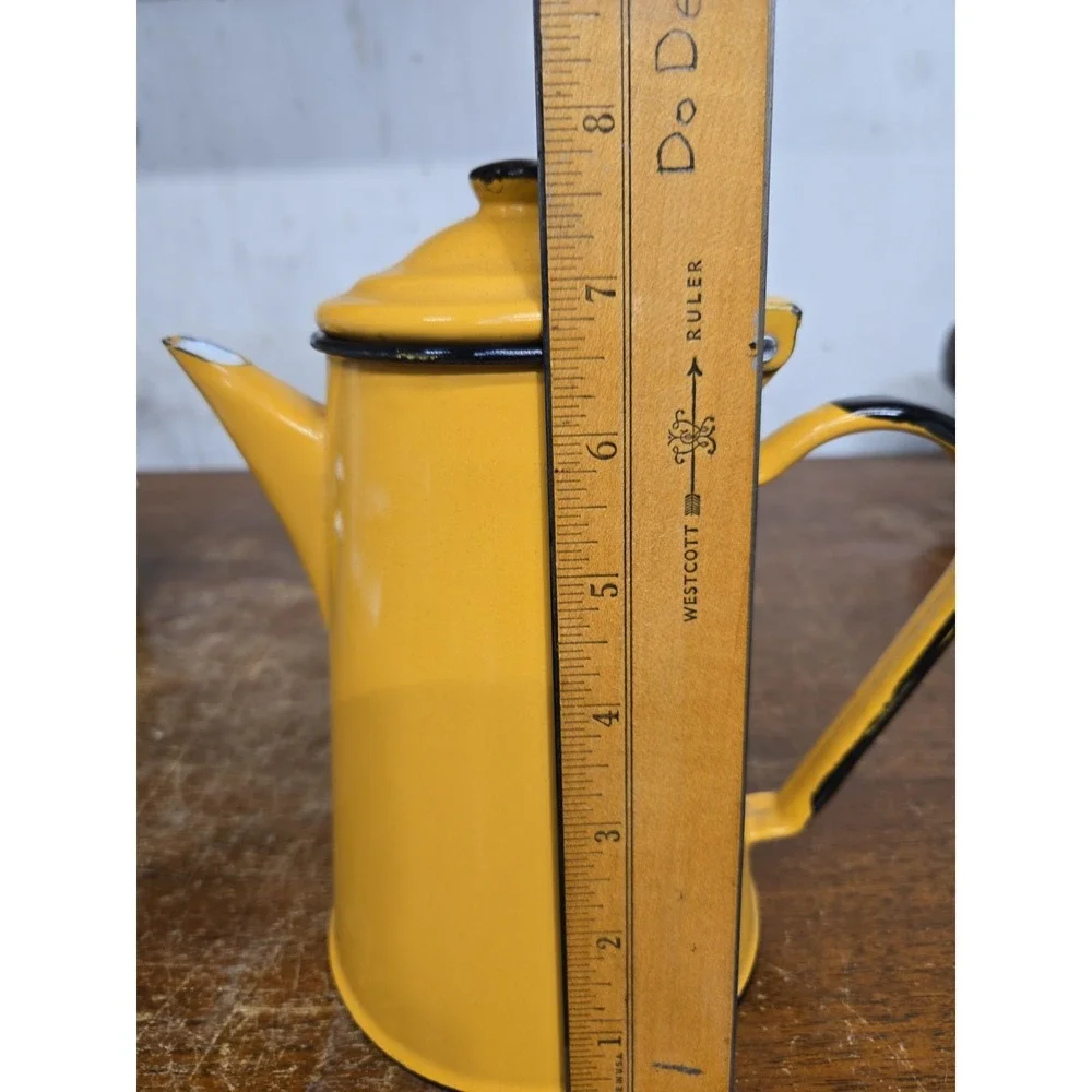 Vintage Huta Silesia Poland Yellow Enamelware Coffee Pot Kettle Black Trim